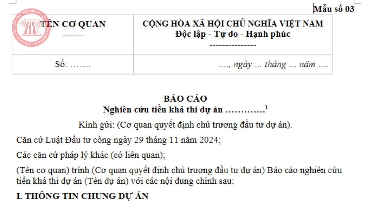Tải mẫu báo cáo nghiên cứu tiền khả thi dự án nhóm A năm 2026