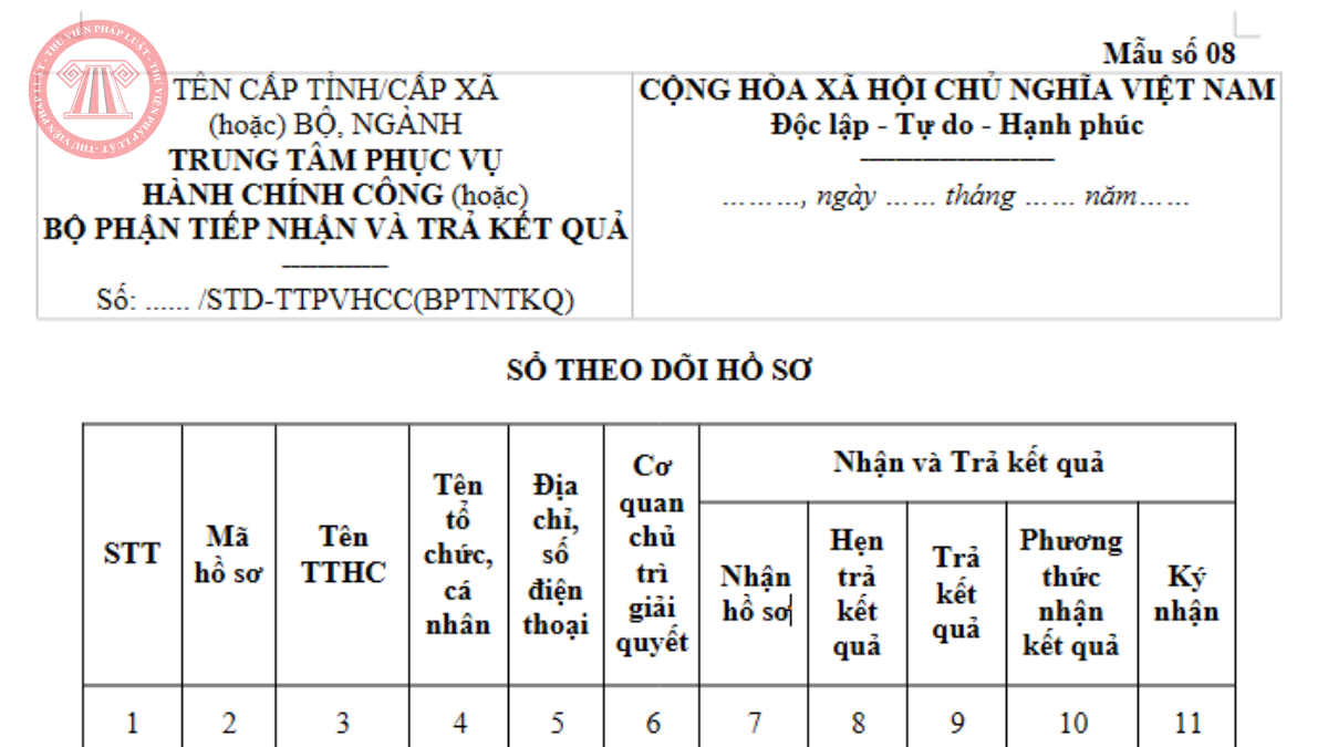 Mẫu số 08 Mẫu sổ theo dõi hồ sơ mới nhất theo Thông tư 13/2026/TT-BTP