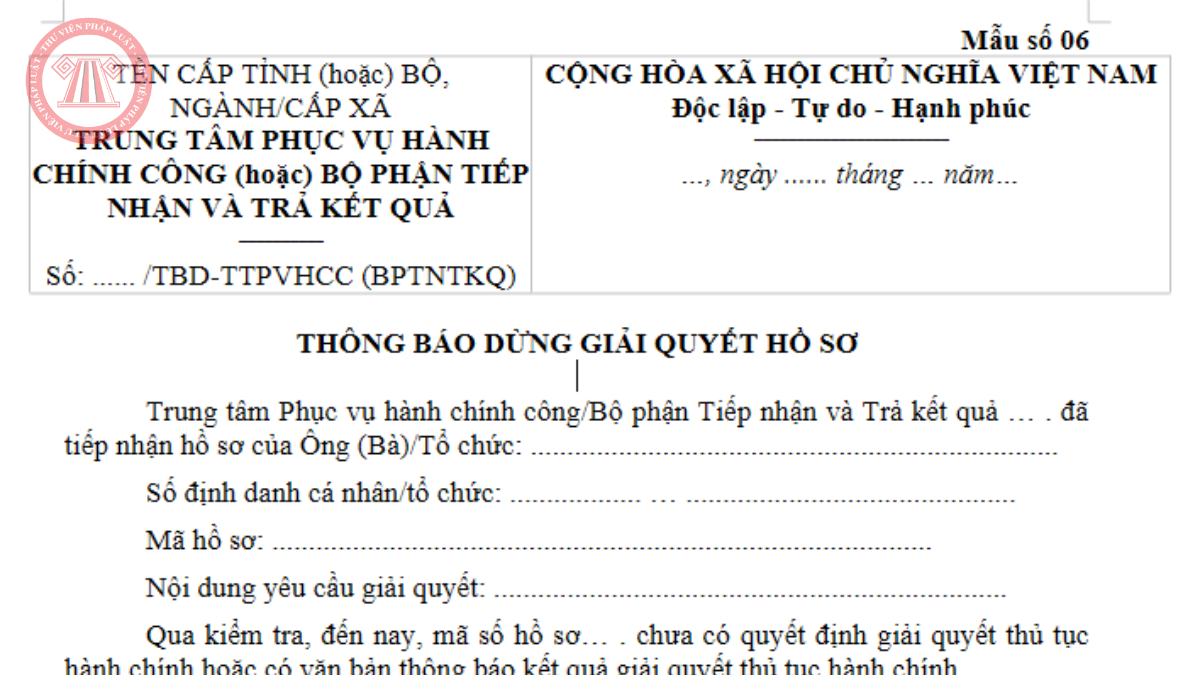 Tải về mẫu thông báo dừng giải quyết hồ sơ mới nhất 2026 theo Thông tư 13/2026/TT-BTP