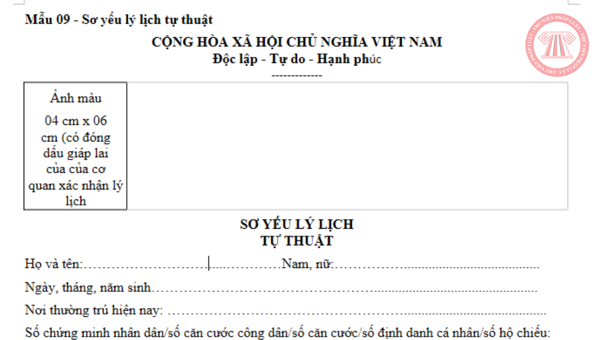 Mẫu Sơ yếu lý lịch tự thuật theo Mẫu 09 Phụ lục I Nghị định 96/2023/NĐ-CP