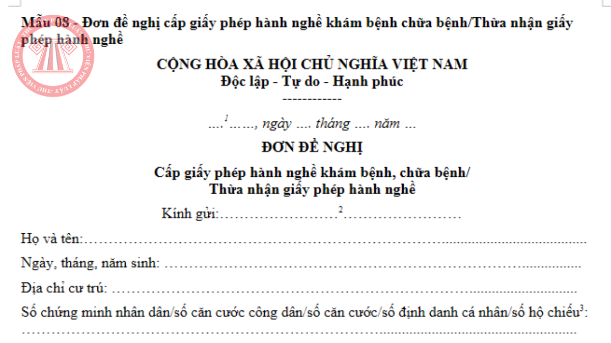 Tải Mẫu 08 Phụ lục I Nghị định 96/2023/NĐ-CP - Đơn đề nghị cấp giấy phép hành nghề khám chữa bệnh 2026