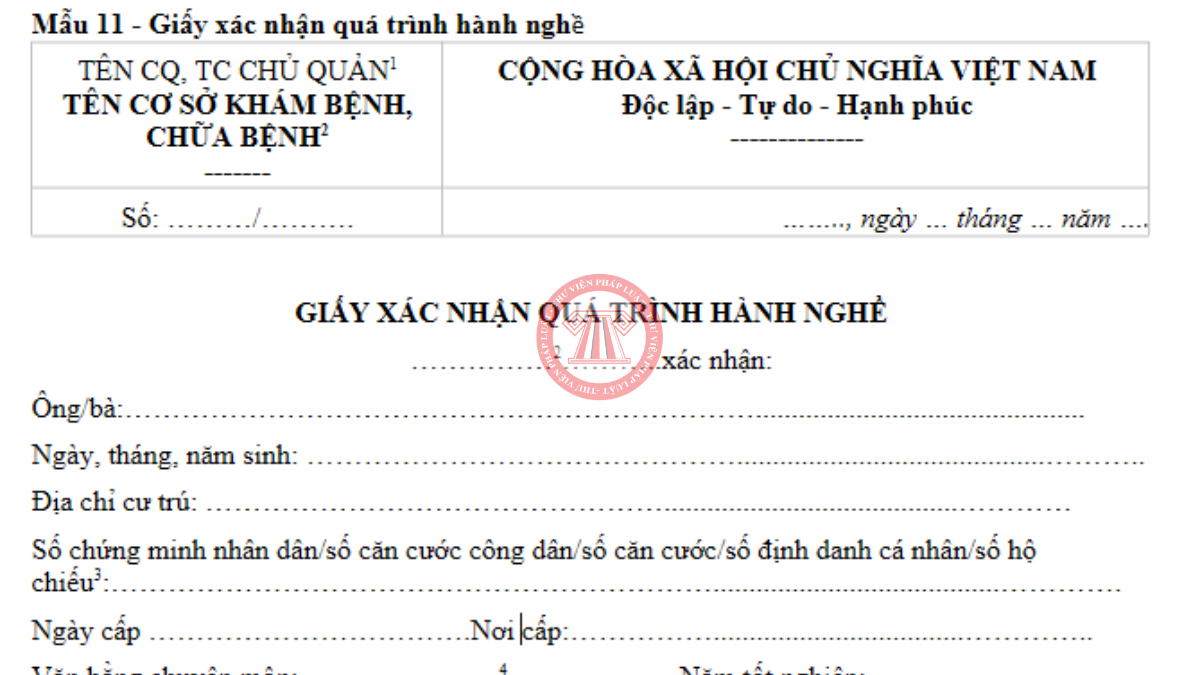 Mẫu Giấy xác nhận quá trình hành nghề theo Mẫu 11 Phụ lục I Nghị định 96/2023/NĐ-CP