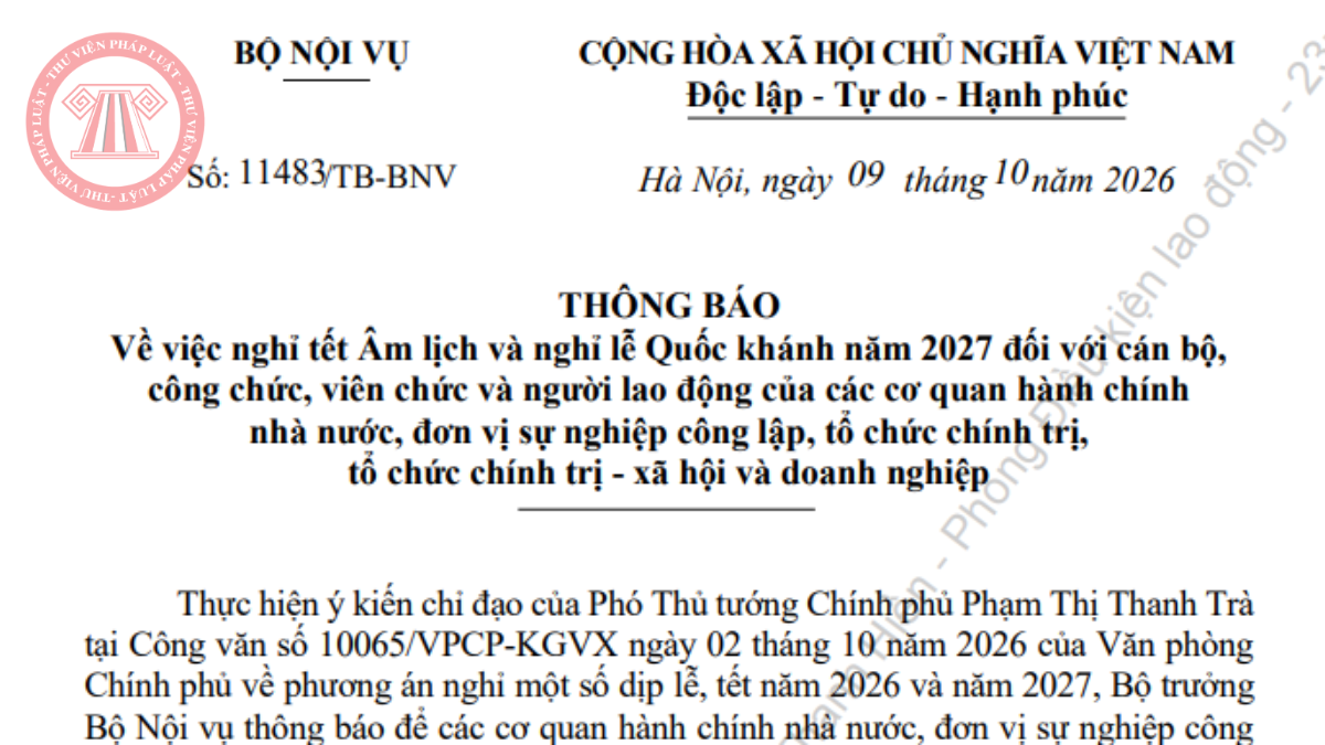 Tải Thông báo 11483/TB-BNV về Lịch nghỉ tết Âm lịch và nghỉ lễ Quốc khánh 2027