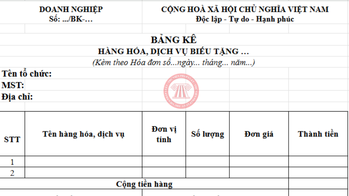 Mẫu bảng kê xuất hóa đơn quà tặng Ngày Phụ nữ Việt Nam 20/10/2026