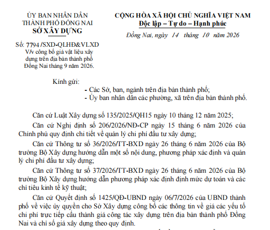 bảng giá vật liệu xây dựng đồng nai tháng 9