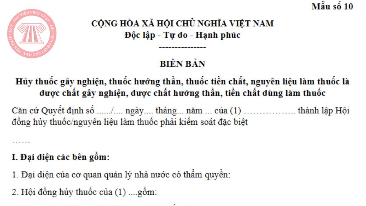 Tải về Mẫu số 10 Phụ lục II Nghị định 163/2025/NĐ-CP - Mẫu biên bản hủy thuốc gây nghiện hướng thần