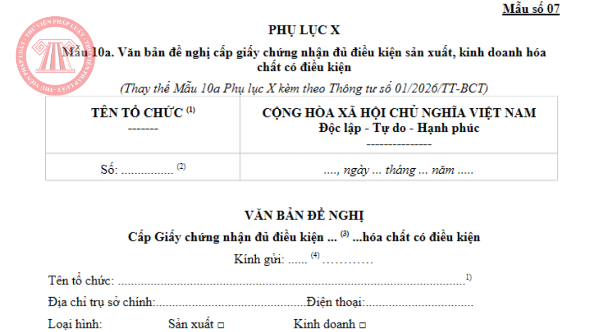 Mẫu 10a văn bản đề nghị cấp giấy chứng nhận đủ điều kiện sản xuất kinh doanh hóa chất có điều kiện từ 29/05/2026