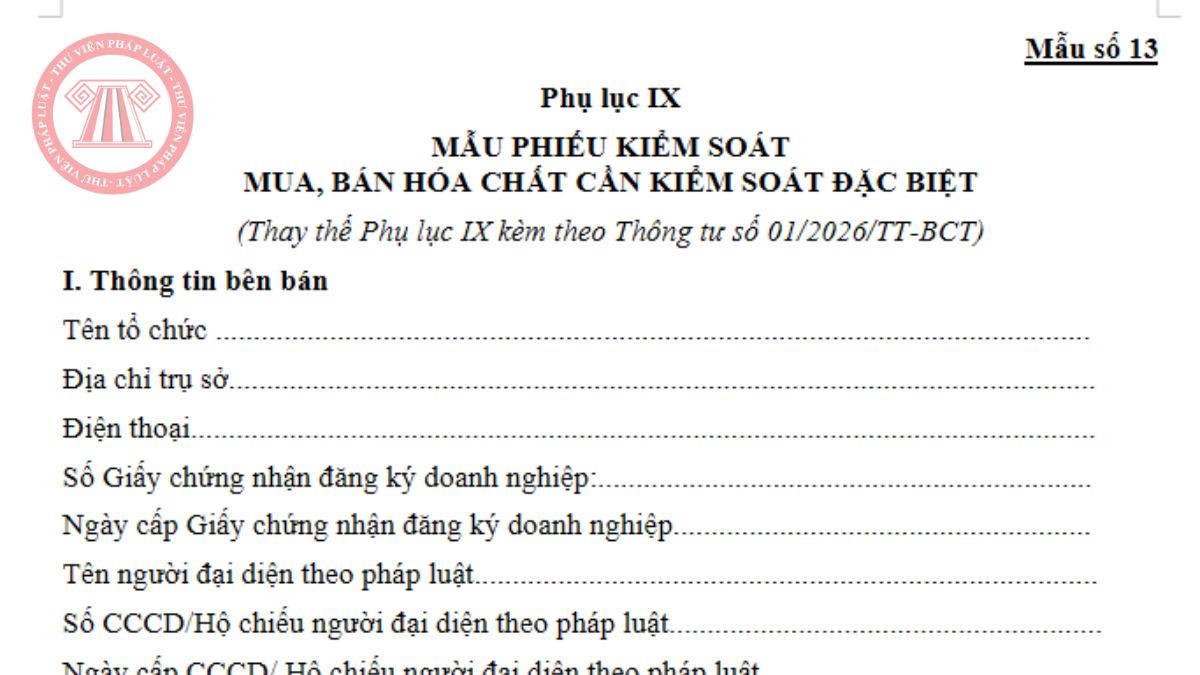Mẫu phiếu kiểm soát mua bán hóa chất cần kiểm soát đặc biệt từ 29/05/2026