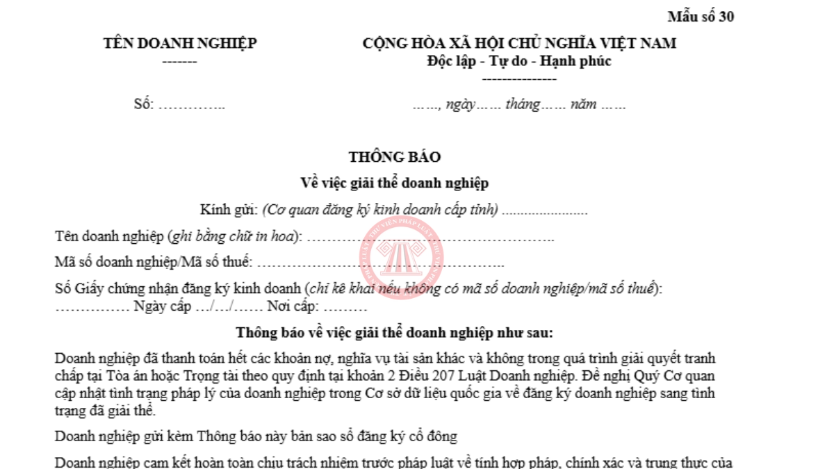 File word mẫu thông báo giải thể công ty mới nhất 2026 kèm hướng dẫn cách điền, mẫu số 30 Thông tư 121/2026/TT-BTC