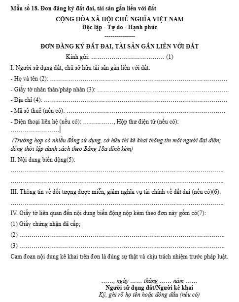 mẫu đơn đăng ký biến động đất đai