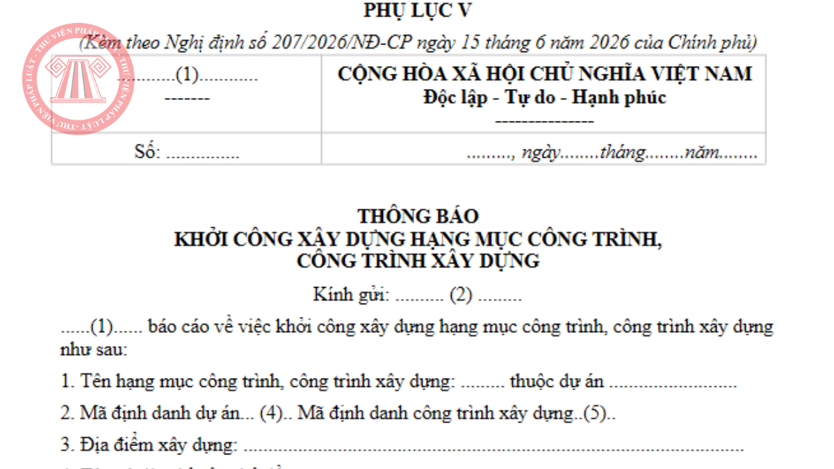 Mẫu thông báo khởi công 2026 - Phụ lục V Nghị định 207/2026/NĐ-CP