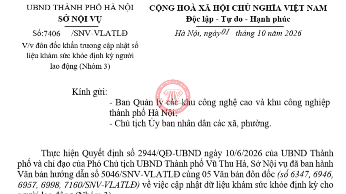 Công văn 7406/SNV-VLATLĐ hướng dẫn nhập số liệu khám sức khỏe định kỳ người lao động 2026 tại TP Hà Nội
