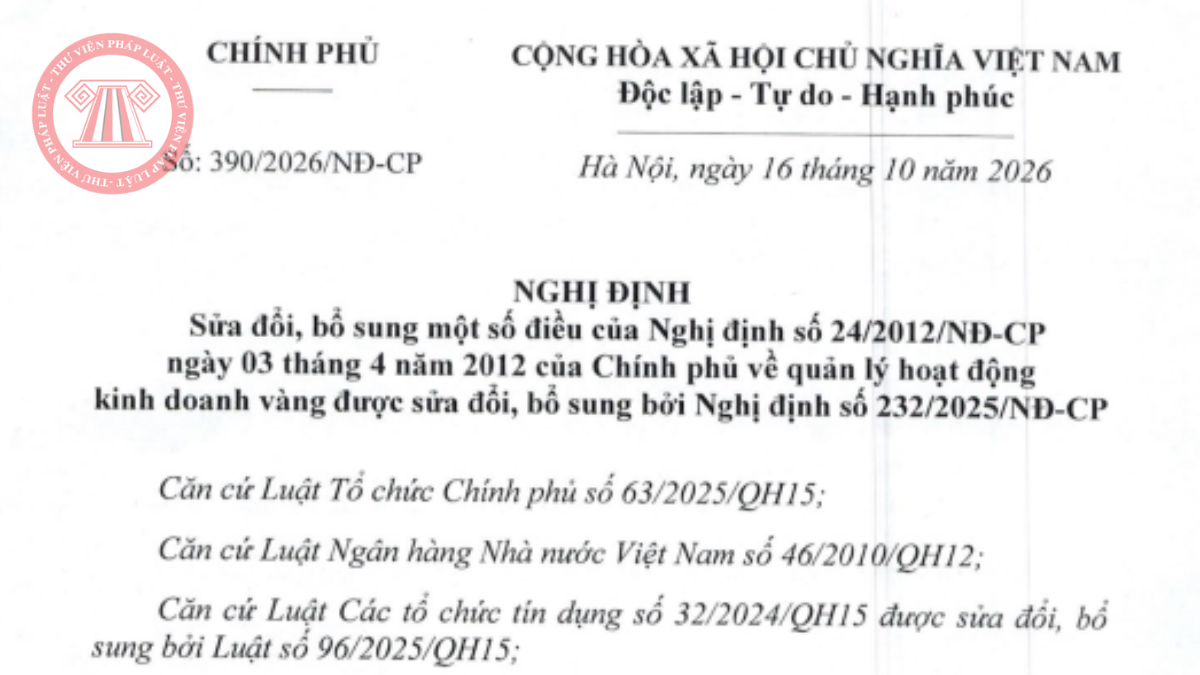 Nghị định 390/2026/NĐ-CP PDF sửa đổi quy định về hoạt động kinh doanh vàng