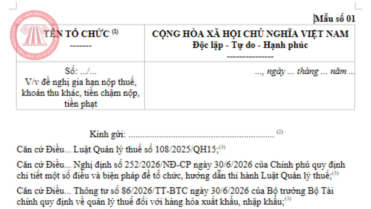 Mẫu số 01 Phụ lục I Thông tư 86/2026/TT-BTC Mẫu Công văn đề nghị gia hạn nộp thuế, khoản thu khác, tiền chậm nộp, tiền phạt