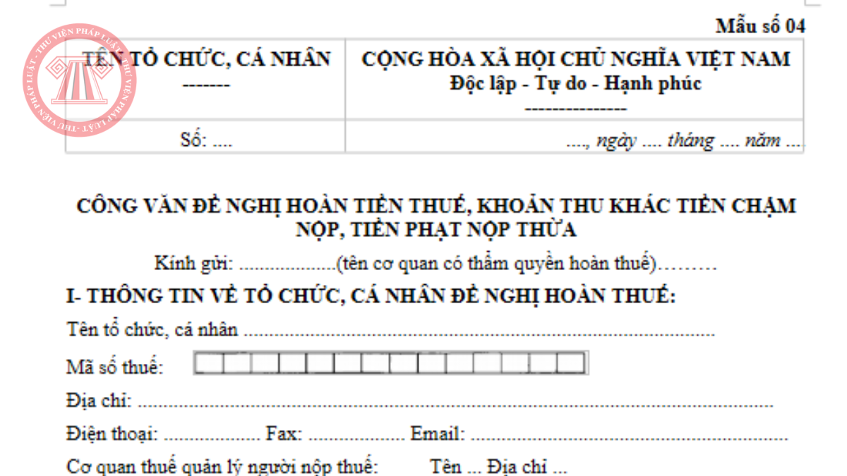 Mẫu Công văn đề nghị hoàn tiền thuế mẫu số 04 Thông tư 86/2026/TT-BTC