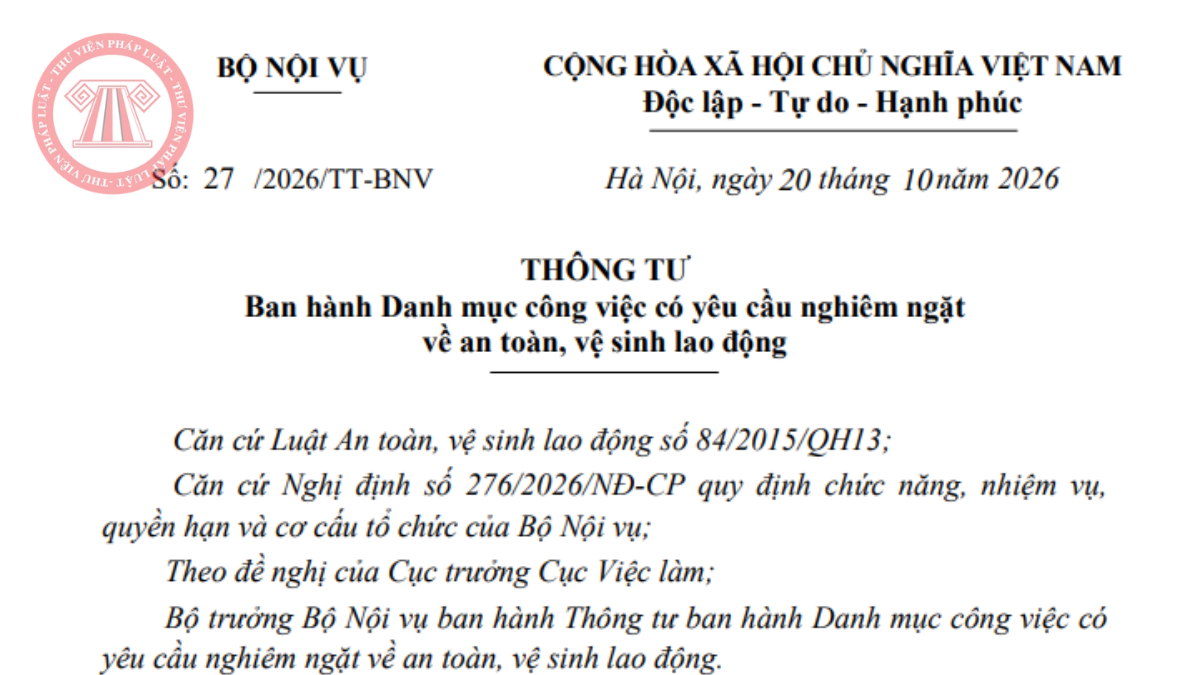 Thông tư 27/2026/TT-BNV PDF ban hành Danh mục công việc có yêu cầu nghiêm ngặt về an toàn vệ sinh lao động