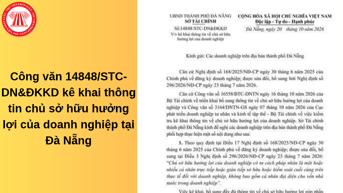 Công văn 14848/STC-DN&ĐKKD kê khai thông tin chủ sở hữu hưởng lợi của doanh nghiệp tại Đà Nẵng