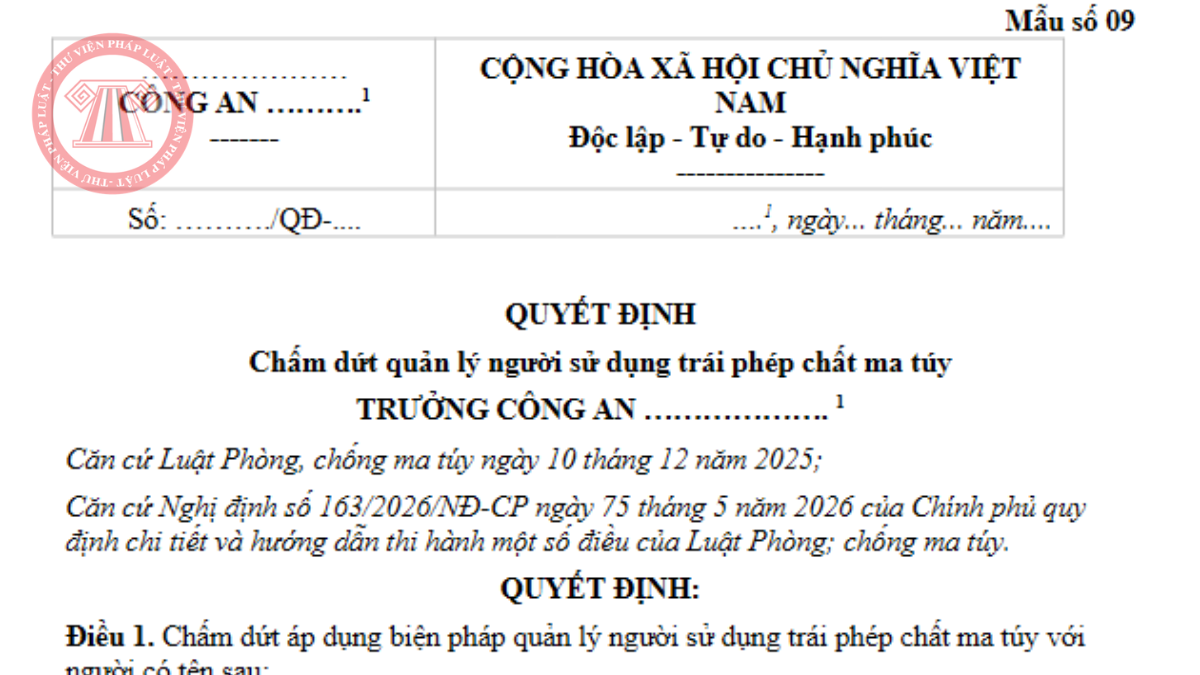 Mẫu Quyết định chấm dứt quản lý người sử dụng trái phép chất ma túy 2026 theo Nghị định 163/2026/NĐ-CP