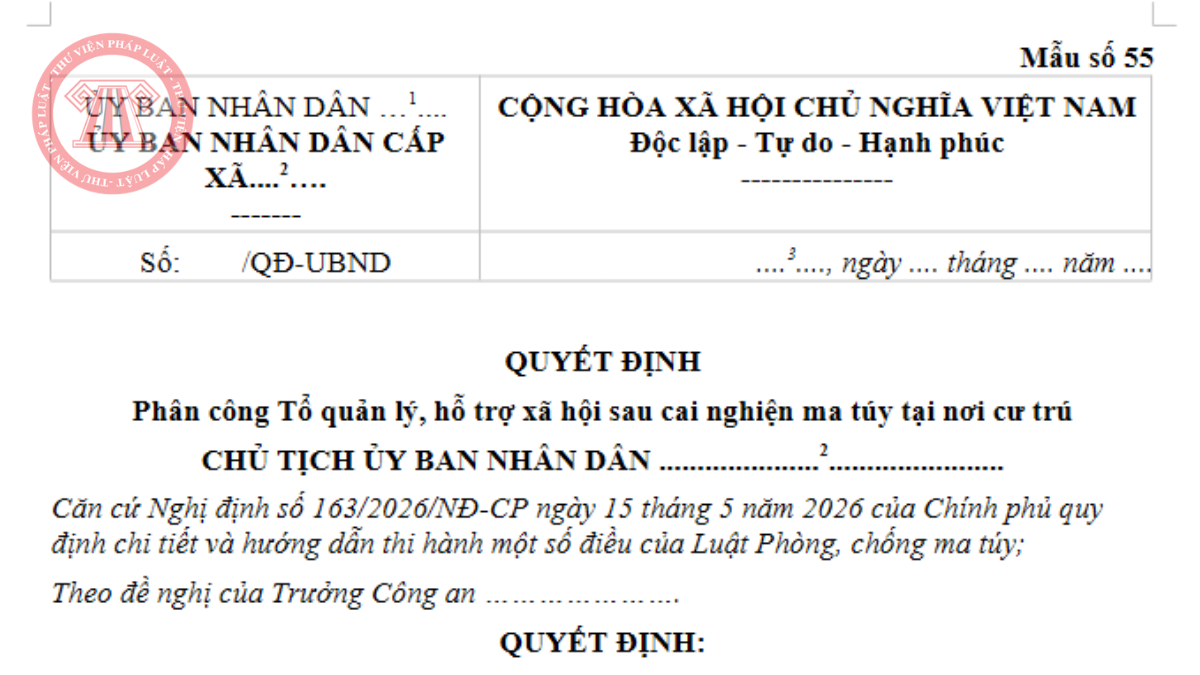 Mẫu Quyết định phân công Tổ quản lý sau cai nghiện ma túy tại nơi cư trú 2026 theo Nghị định 163/2026/NĐ-CP