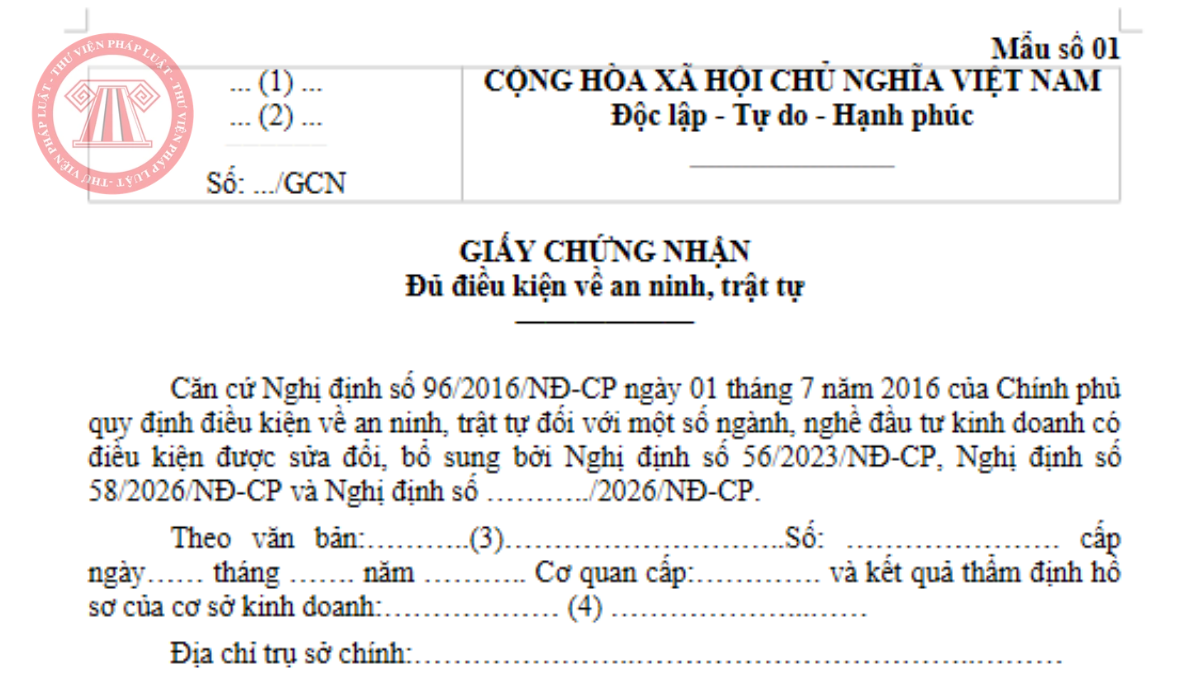Mẫu Giấy chứng nhận đủ điều kiện về an ninh trật tự từ 15/11/2026 - Mẫu số 01 Phụ lục I Nghị định 392/2026/NĐ-CP