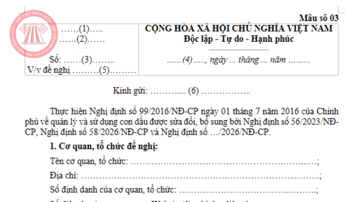 Mẫu số 03 Phụ lục II Nghị định 392/2026/NĐ-CP Mẫu văn bản đề nghị đăng ký mẫu con dấu 2026