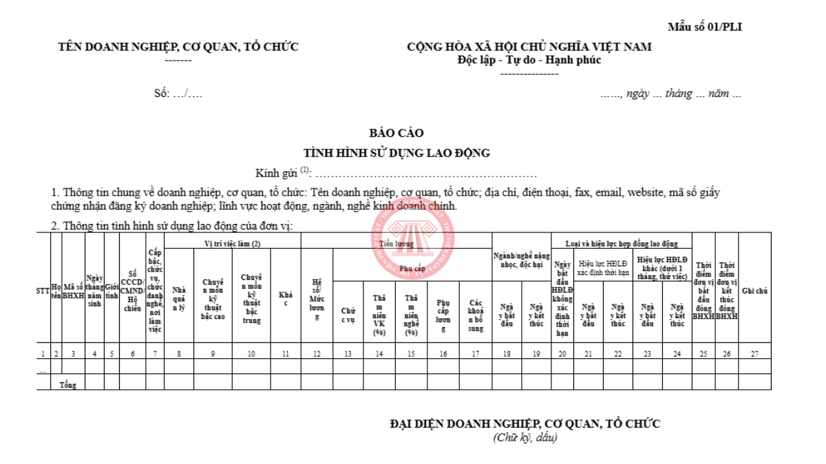 Trọn bộ word excel mẫu báo cáo tình hình sử dụng lao động 2026 (mẫu số 01/PLI)
