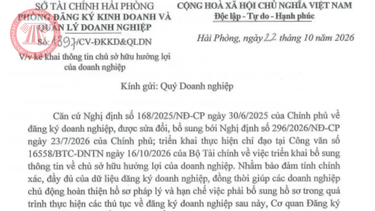 Tải Công văn 1397 Hướng dẫn kê khai thông tin chủ sở hữu hưởng lợi của doanh nghiệp tại Hải Phòng