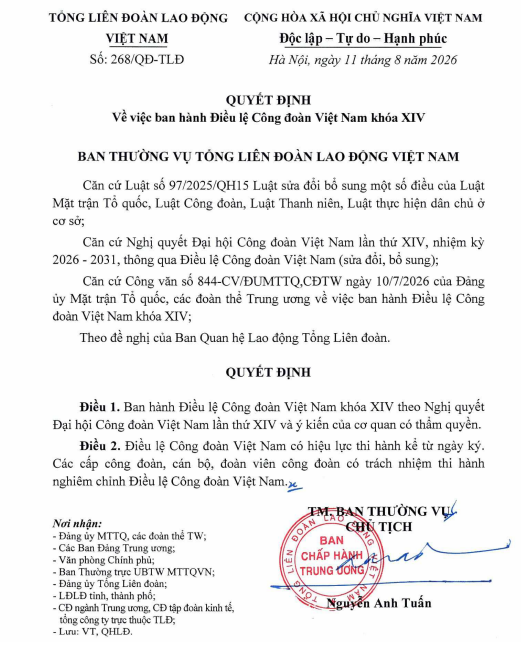 điều lệ công đoàn mới nhất
