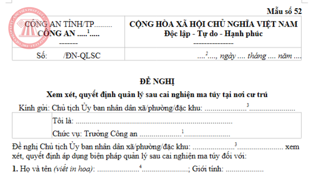 Mẫu văn bản đề nghị áp dụng biện pháp quản lý sau cai nghiện ma túy tại nơi cư trú 2026 theo Nghị định 163/2026/NĐ-CP