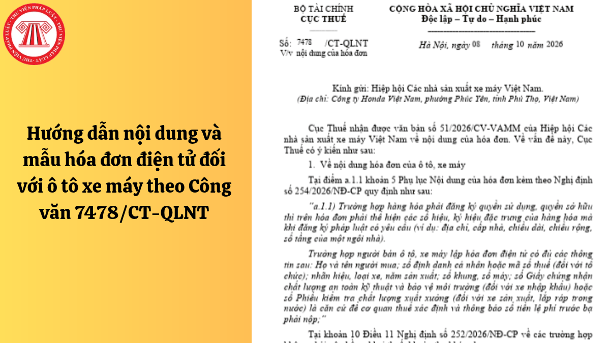 Hướng dẫn nội dung và mẫu hóa đơn điện tử đối với ô tô xe máy theo Công văn 7478/CT-QLNT