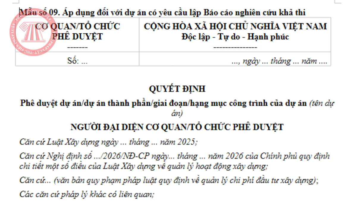 Mẫu số 09 Nghị định 217/2026/NĐ-CP - Quyết định phê duyệt dự án đối với dự án yêu cầu lập Báo cáo nghiên cứu khả thi