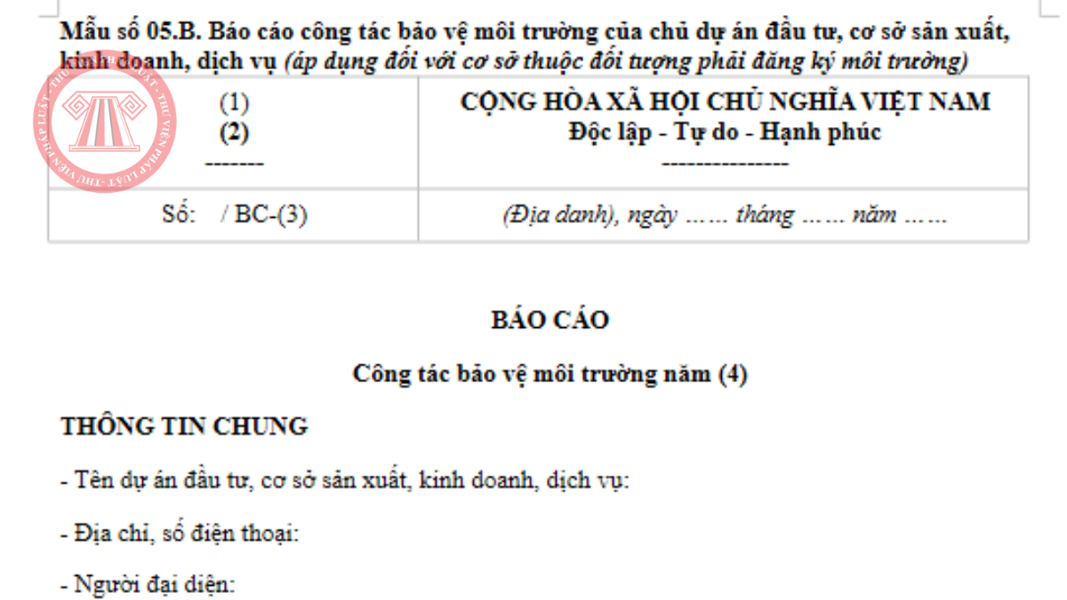Mẫu 05B báo cáo công tác bảo vệ môi trường theo Thông tư 09/2026/TT-BNNMT