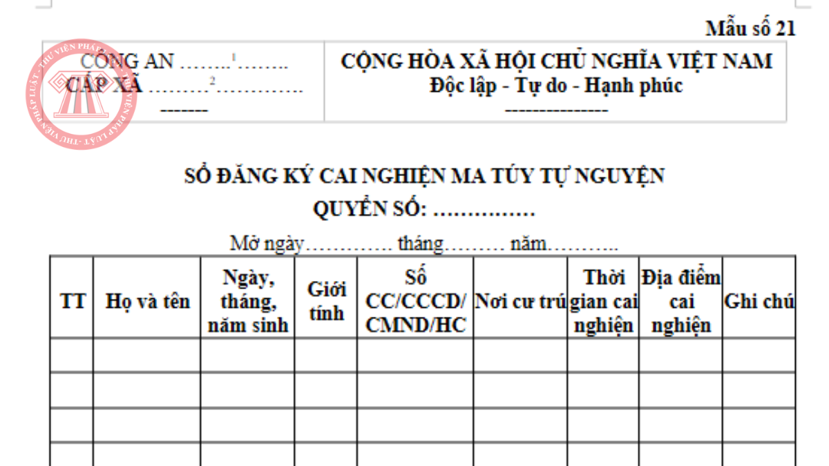 Mẫu số 21 Nghị định 163/2026/NĐ-CP: Mẫu sổ đăng ký cai nghiện ma túy tự nguyện