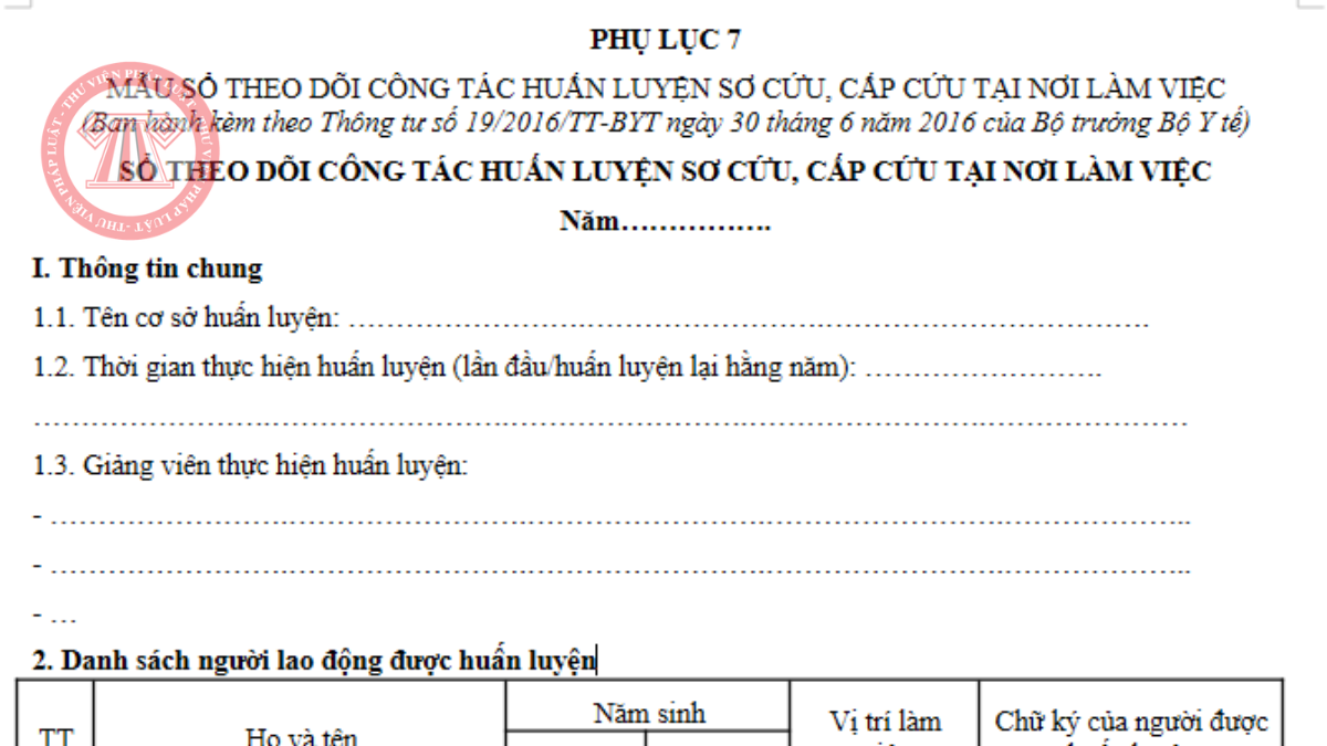 Phụ lục 7 Thông tư 19/2016/TT-BYT: Mẫu sổ theo dõi công tác huấn luyện sơ cứu, cấp cứu tại nơi làm việc