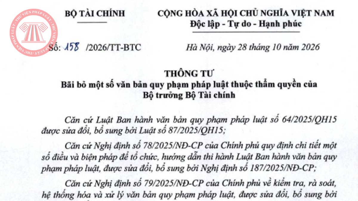 Thông tư 158/2026/TT-BTC PDF bãi bỏ 54 Thông tư của Bộ Tài chính từ 15/12/2026