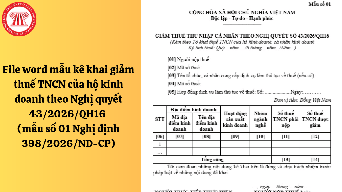 File word mẫu kê khai giảm thuế TNCN của hộ kinh doanh theo Nghị quyết 43/2026/QH16 (mẫu số 01 Nghị định 398/2026/NĐ-CP)
