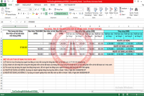 File Excel tính số tiền đóng BHXH bắt buộc từ ngày 01/7/2023 (chính thức)