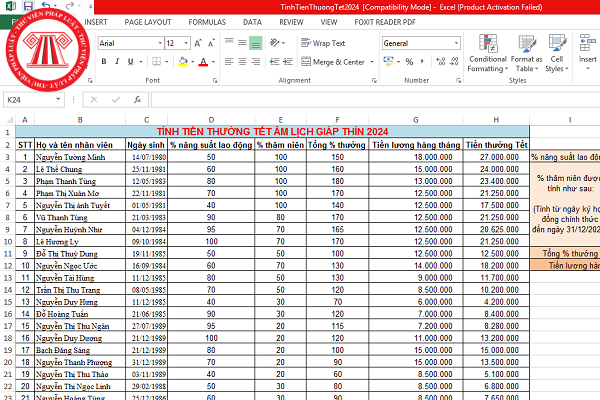 File Excel tính tiền thưởng Tết Âm lịch Giáp Thìn, Tết Dương lịch 2024