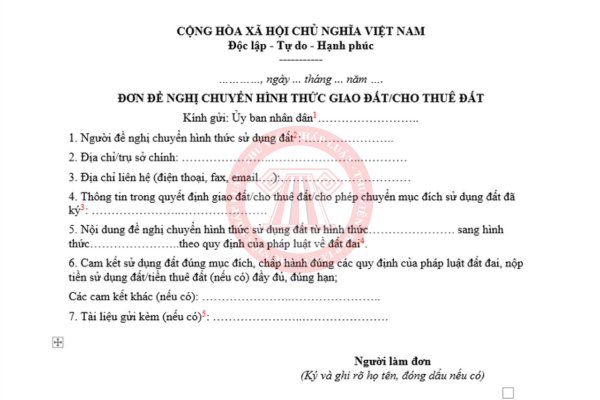 File word mẫu đơn đề nghị chuyển hình thức giao đất/cho thuê đất mới nhất theo Mẫu số 02đ