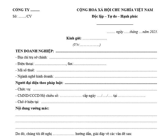 mẫu công văn gửi cơ quan thuế giải đáp thắc mắc
