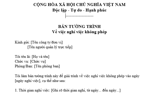 Mẫu bản tường trình nghỉ việc không phép dành cho người lao động