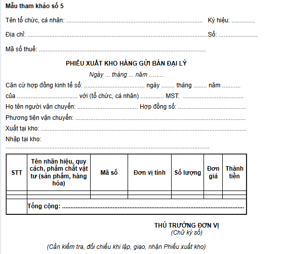 Mẫu phiếu xuất kho hàng gửi bán đại lý điện tử