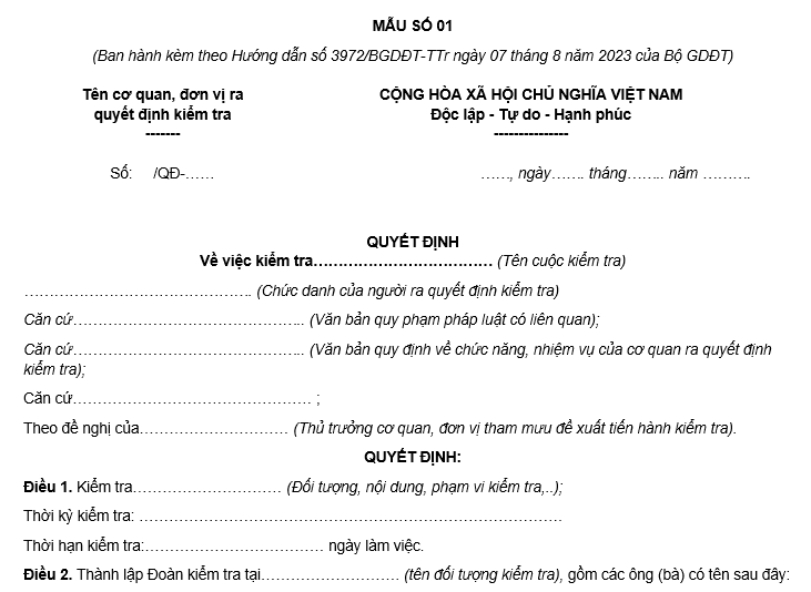 Mẫu ban hành quyết định kiểm tra