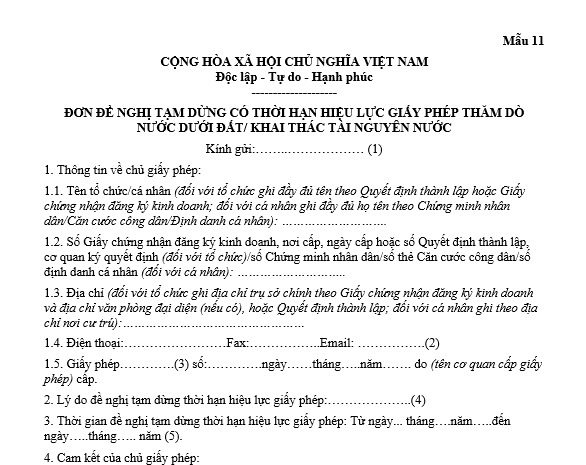 Mẫu đơn đề nghị tạm dừng hiệu lực giấy phép thăm dò nước dưới đất