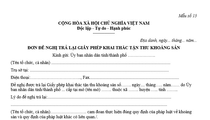 Mẫu đơn đề nghị trả lại Giấy phép khai thác tận thu khoáng sản