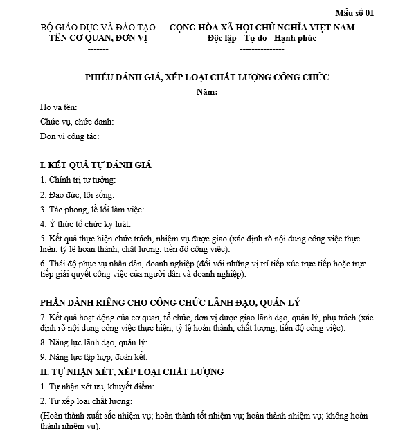 Mẫu phiếu đánh giá, xếp loại chất lượng công chức thuộc Bộ Giáo dục và Đào tạo là mẫu nào?