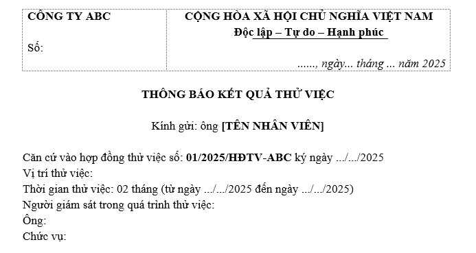 Mẫu thông báo kết quả thử việc