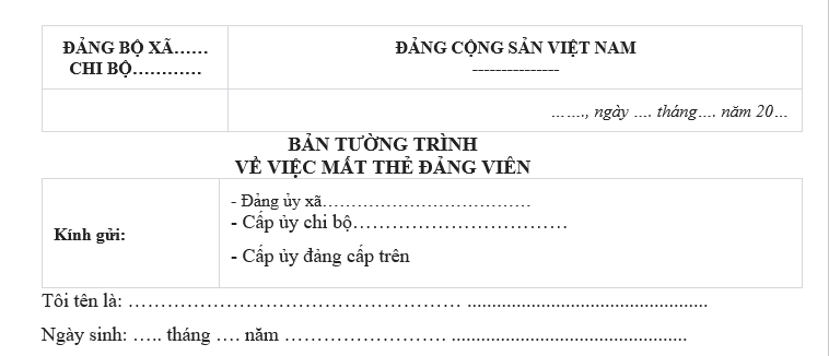 Bản tường trình mất thẻ Đảng viên