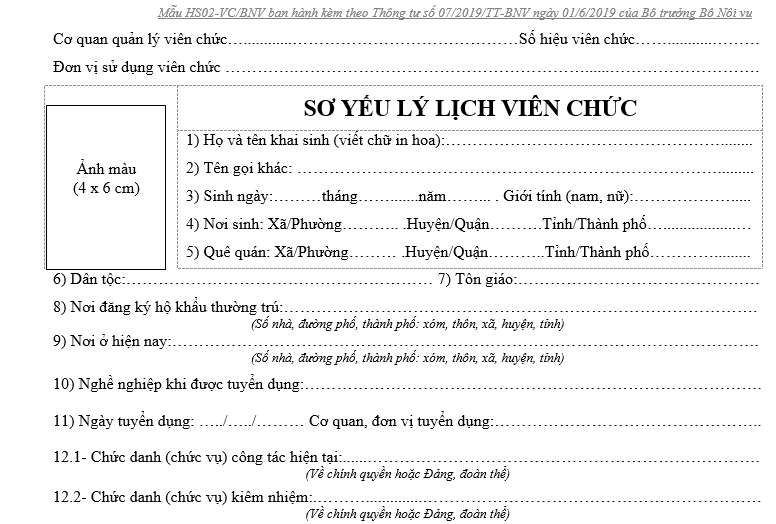 Mẫu sơ yếu lý lịch viên chức HS02