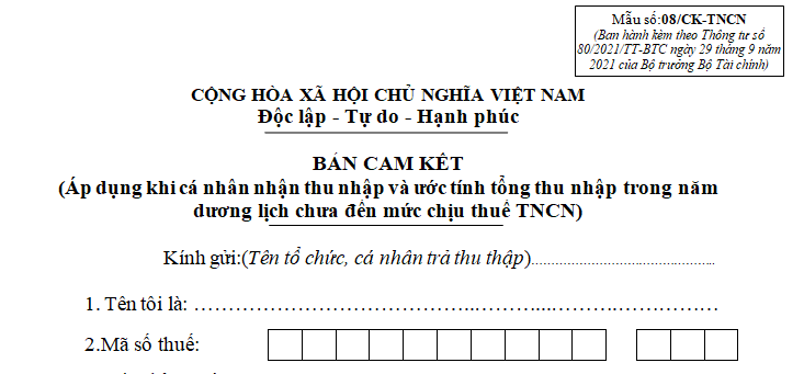 Bản cam kết thu nhập chưa đến mức chịu thuế TNCN (Mẫu 08 CK TNCN)